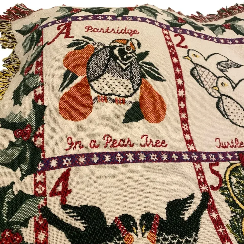 Vintage 12 Days of Christmas Woven Tapestry Throw Blanket Fringe 49x71 Large